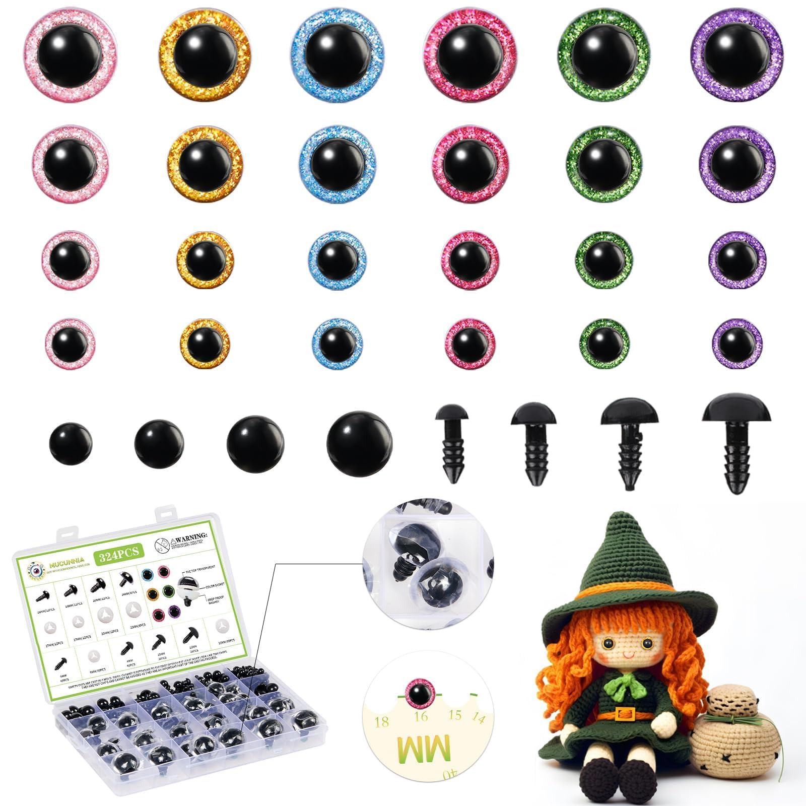 MUCUNNIA Upgraded Glitter Safety Eyes 324 Pcs 6-24mm Safety Eyes for Crocheting with Washers and Size Tools Large Crochet Safety Eyes for Amigurumi Gift for Crochet Lovers Halloween Decorations