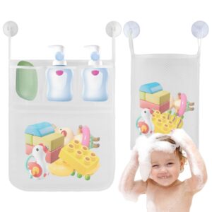 jaeskeclip 2pcs bath toy storage,bath toy holder,bath tub toy holder net with pockets, shower caddy holds kids toys, soap, or shampoo, hooks included, white