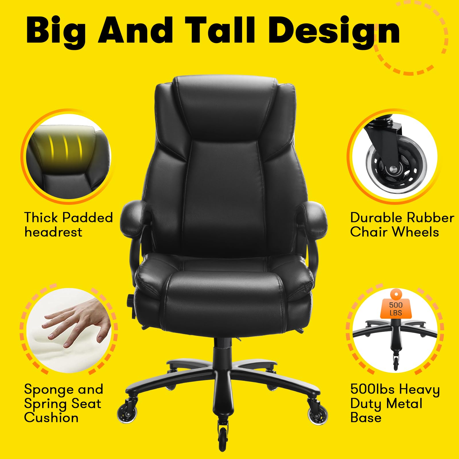 OFIKA Big and Tall Office Chair, 500lbs Office Chair for Heavy People - Adjustable Lumbar Support, Quiet Rubber Wheels Heavy Duty Metal Base, High Back Large Executive Computer Desk Chair (Black)