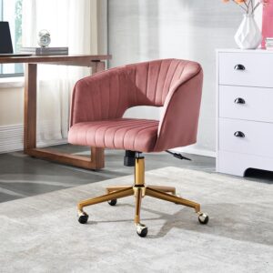 FENFSHE Home Office Chair Swivel Velvet Desk Chair, Vanity Chair with 360 Swivel Armchair and Gold Base,for Living Room, Bedroom, Vanity, Study (Pink)