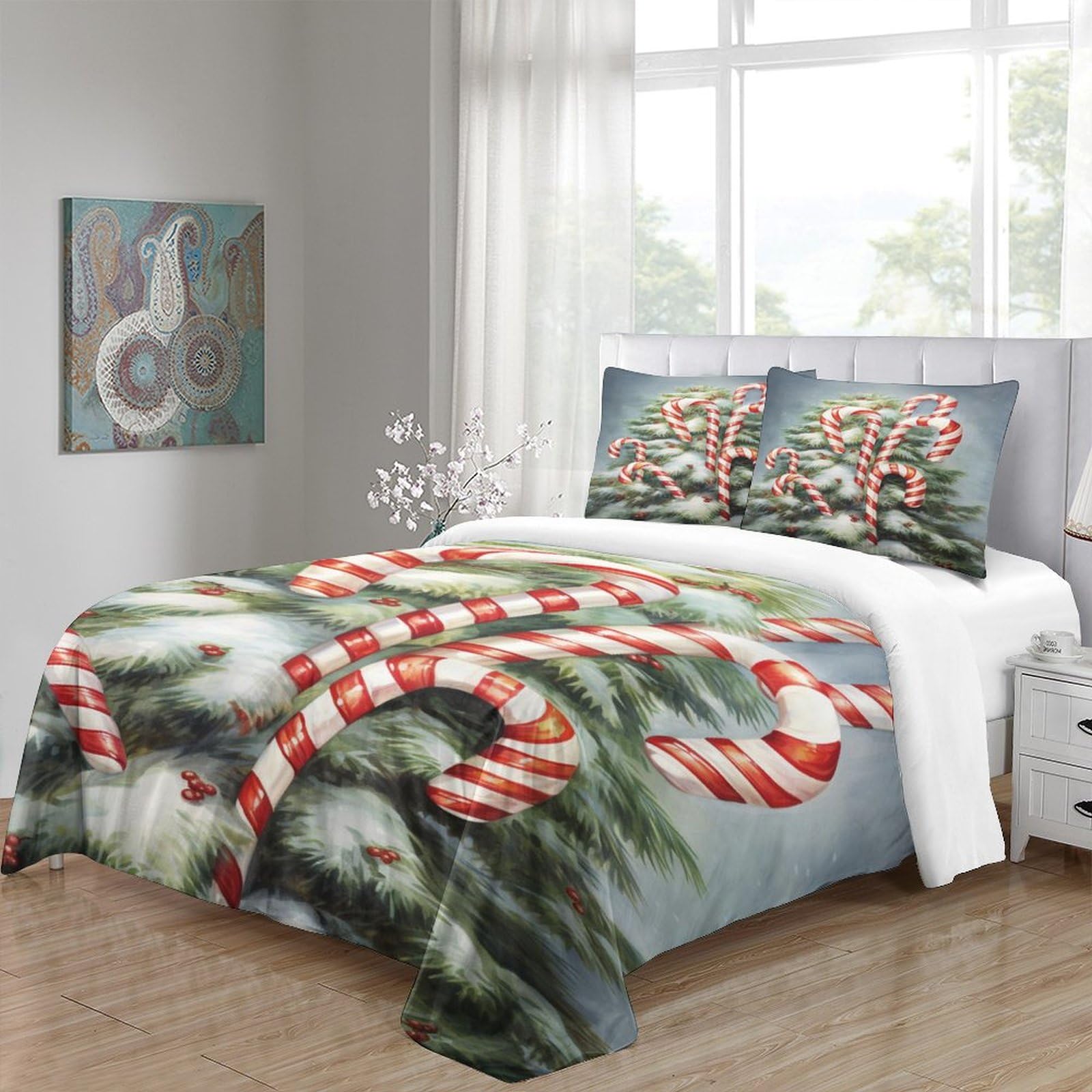 JALYKA Candy Canes Comforter Cover Bedding Sets for Girls Boys Teens 3D Print Christmas Theme Duvet Cover Sets Microfiber 3 Piece Quilt Cover Room Decor with Pillowcases Zipper Queen（228x228cm）