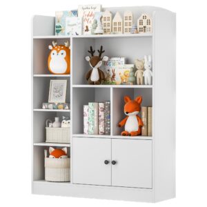 DIYART White Kids Bookshelf, Kids Bookcase with 7 Cubbies and 2 Cabinets, Freestanding Book Storage Shelves for Bedroom, Playroom, Hallway