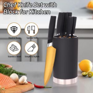 Kitchen Knife Set, Retrosohoo 6 Pieces Sharp Stainless Steel Chef Knife Set with Cylindrical Block, Ergonomic Black Handle Knife with Gold Blades, Knife Set with Gift Box, House Warming Gift (Black)