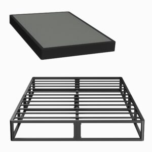 queen box spring, 10 inch box spring for queen bed, heavy duty metal bed frame with fabric cover, 3000lbs max weight capacity bed base mattress foundation, easy assembly, noise free, black