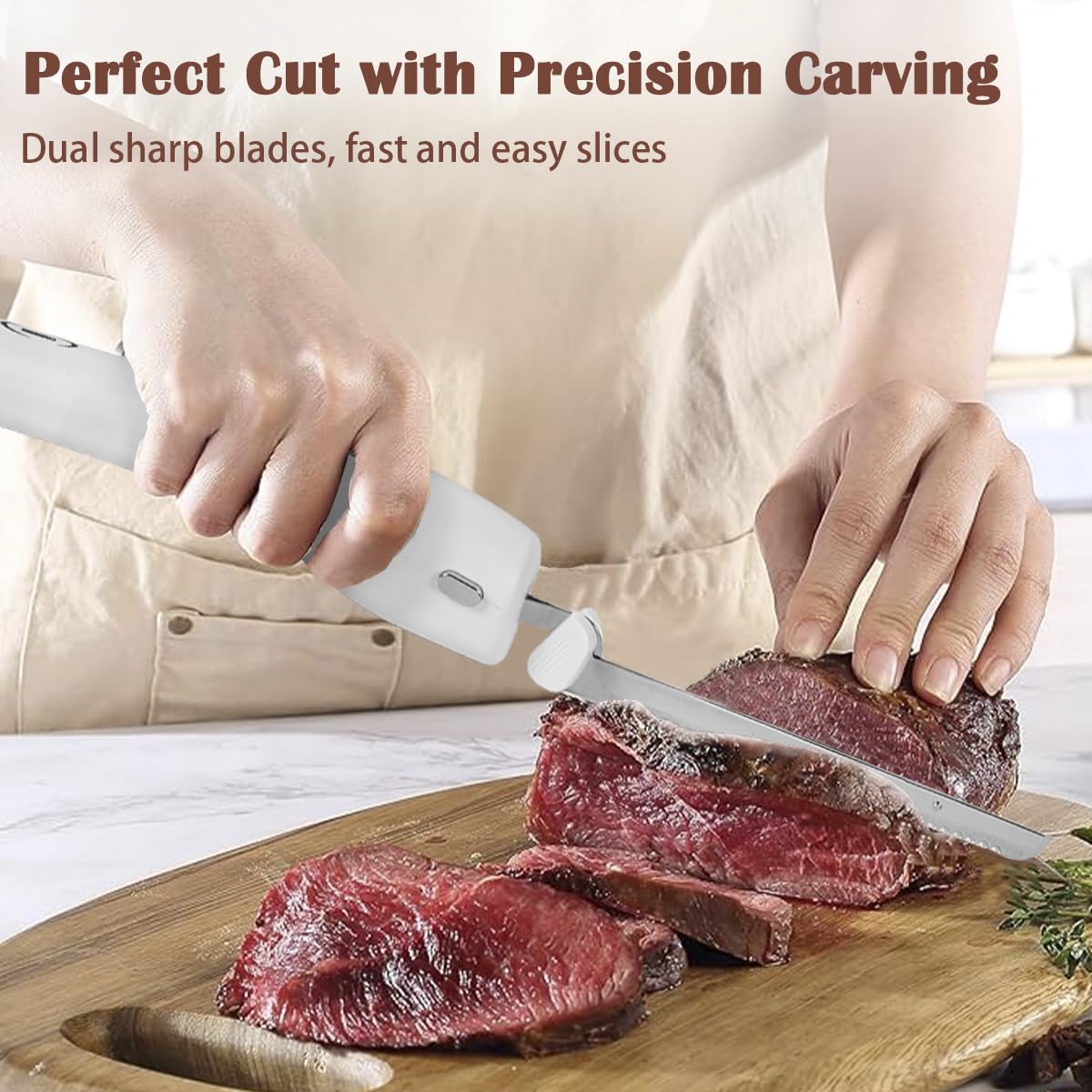 Cushore Cordless Electric Knife Rechargeable Easy-Slice Bread Knife with 4 Reciprocating Serrated Stainless Steel Blades, Carving Meats, Poultry, Bread, White