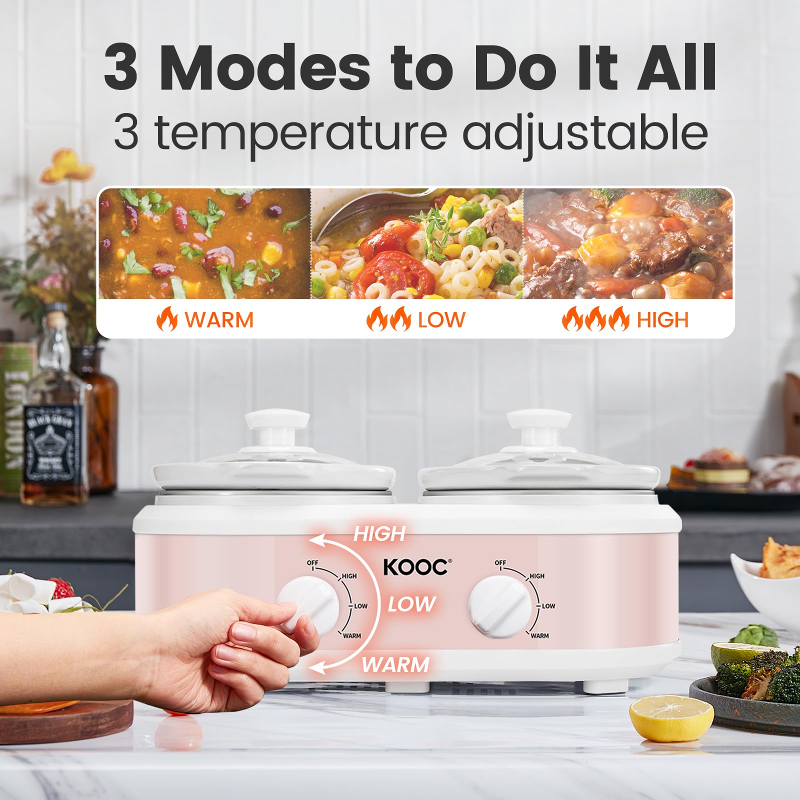 KOOC Double Small Slow Cooker, Buffet Server and Warmer, 2 Mini Pots with 3 Individual Adjustable Temp, Dual Ceramic Pots, Free Liners for Easy Clean-up, Stainless Steel, Total 2.5 Quart, Pink, Round