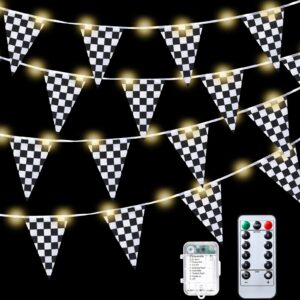 aurelema light up black and white checkered flag banner, 32.8 ft racing flags plastic race flags checkered pennant banner with 8 light modes for nascar race themed party decorations supplies