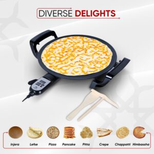 Ethniq 16" Electric Griddle for Ethiopian Injera, Somalian Anjero, Crepe, Lefse, Mogogo, Mitad, Pancake Teff Maker - Adjustable Digital Heat Control - Non-Stackable Surface - Even Heat Distribution