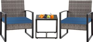 seogwisam 3 pieces patio furniture set, outdoor wicker conversation bistro set w/ 2 chairs, 2 cushions, glass coffee table for garden balcony backyard porch lawn - grey wicker & blue cushions