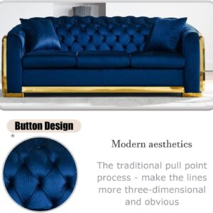 WinJoy 84 Inch Velvet Sofa Set for Living Room, 3 Seat Modern & Luxury Chesterfield Couch Sofa with Tufted Back&Gold Stainless Legs for Apartment, Office 2 Pillows Included Navy