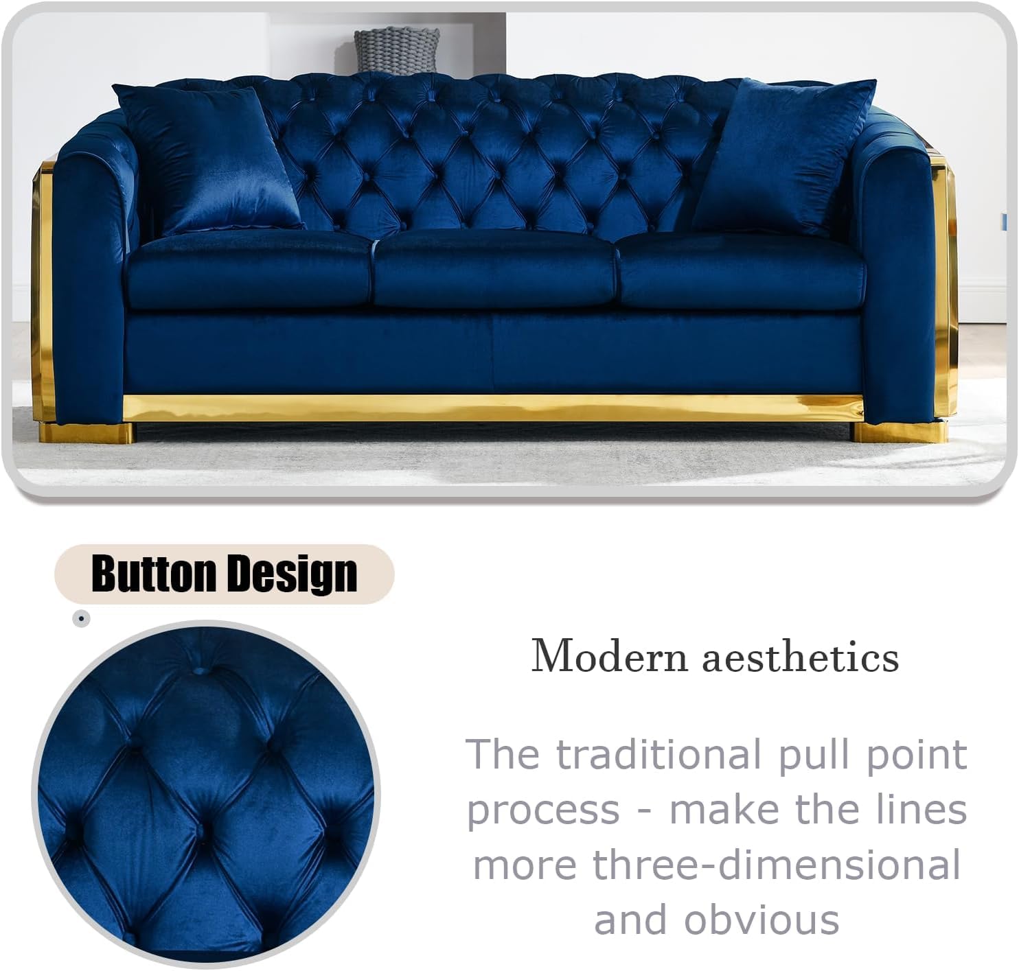 WinJoy 84 Inch Velvet Sofa Set for Living Room, 3 Seat Modern & Luxury Chesterfield Couch Sofa with Tufted Back&Gold Stainless Legs for Apartment, Office 2 Pillows Included Navy