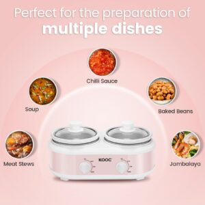 KOOC Double Small Slow Cooker, Buffet Server and Warmer, 2 Mini Pots with 3 Individual Adjustable Temp, Dual Ceramic Pots, Free Liners for Easy Clean-up, Stainless Steel, Total 2.5 Quart, Pink, Round