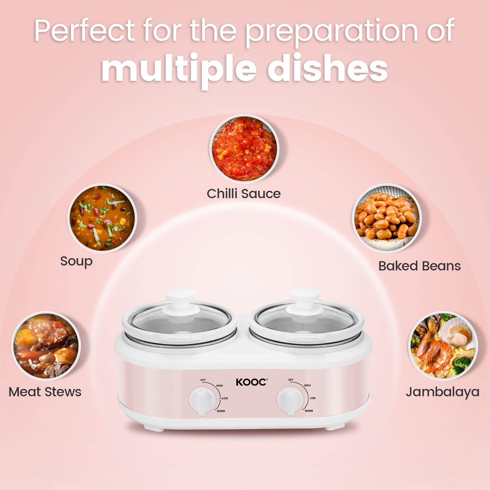 KOOC Double Small Slow Cooker, Buffet Server and Warmer, 2 Mini Pots with 3 Individual Adjustable Temp, Dual Ceramic Pots, Free Liners for Easy Clean-up, Stainless Steel, Total 2.5 Quart, Pink, Round