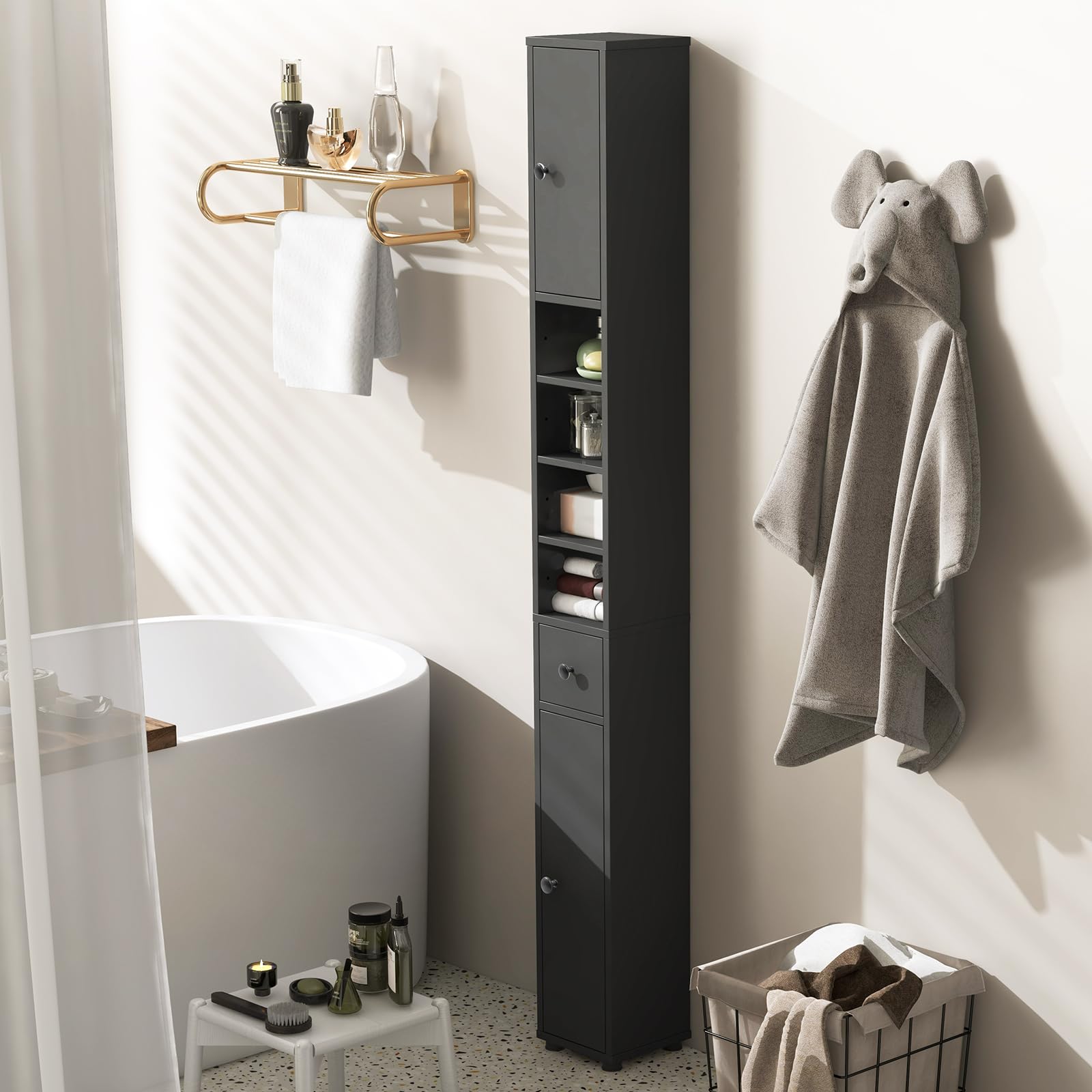 Tangkula Tall Slim Bathroom Storage Cabinet, 71" Freestanding Bathroom Cabinet w/ 2 Doors, 1 Drawer & 5 Adjustable Shelves, Floor Narrow Tower Cabinet for Small Spaces, 8" x 8" x 71" (Grey)