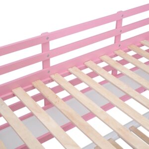 Loisall Castle Style Bunk Bed with 2 Drawers,Wooden Bed Frame with Ladder,Full-Length Guardrails,3 Shelves and Slide for Bedroom (Pink, Full-Over-Full)