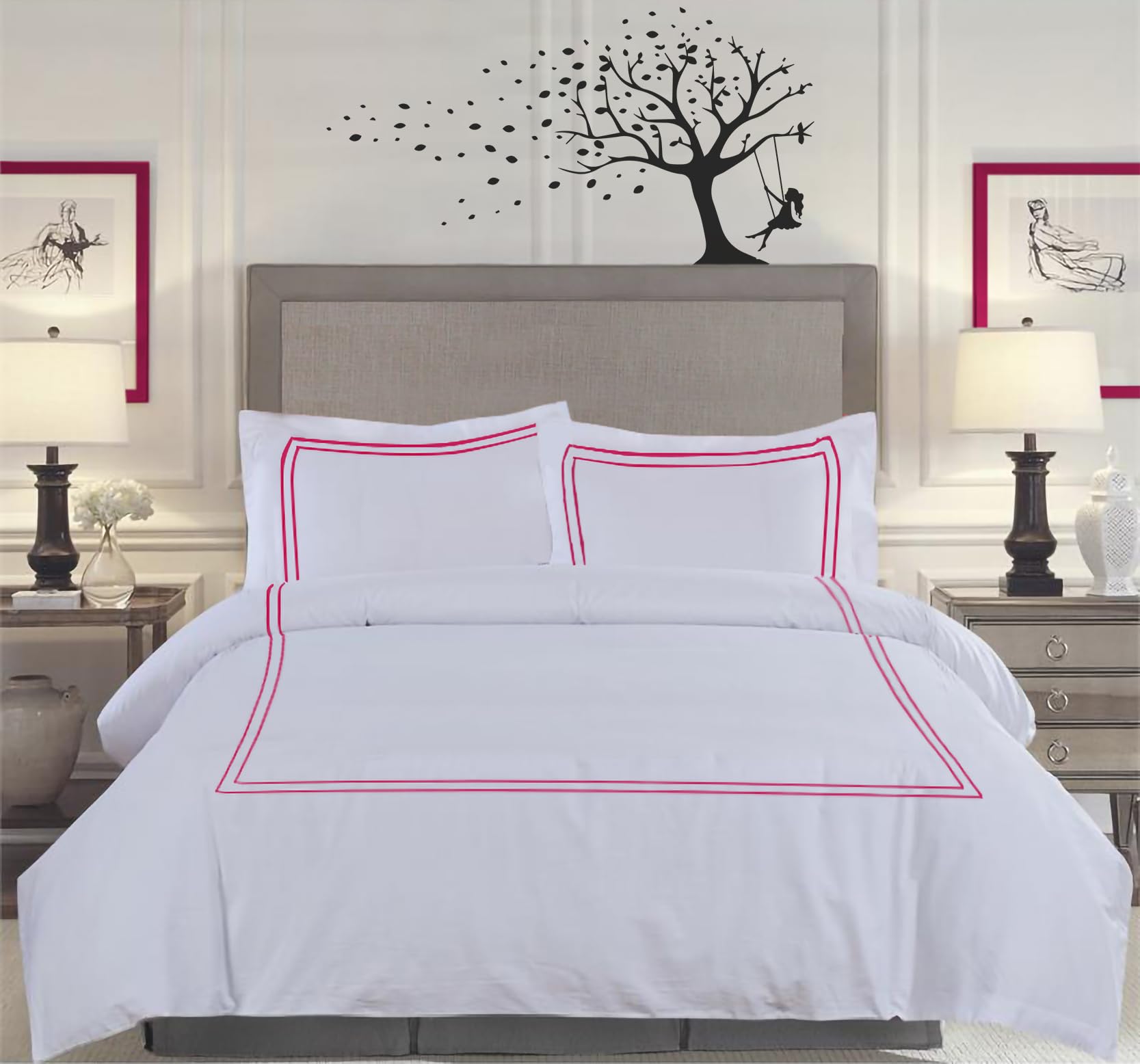 BedDecor Luxury 400-TC Egyptian Cotton 3PC Embroidered Duvet Cover Set with Beautiful 2-Stripe Embroidery(Hot Pink, Full/Queen)