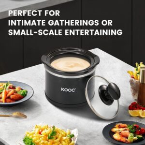 KOOC Small Slow Cooker, 0.65 Quart, Free Liners Included, Upgraded Ceramic Pot, Nutrient Loss Reduction, Sauces, Stews & Dips, Stainless Steel, Black, Round