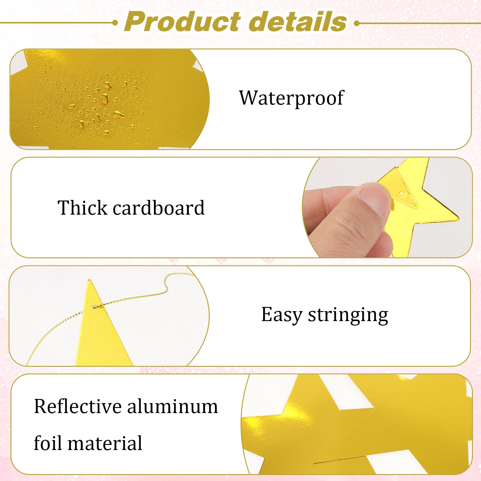 24pcs Gold Cardboard Stars Glitter Star Cutouts Paper Stars Decorations Star Wall Decor Confetti Cutouts for Valentine's Day Movie Night Party Decoration, 4 Sizes and 50m/54.68 yd Nylon Gold Line