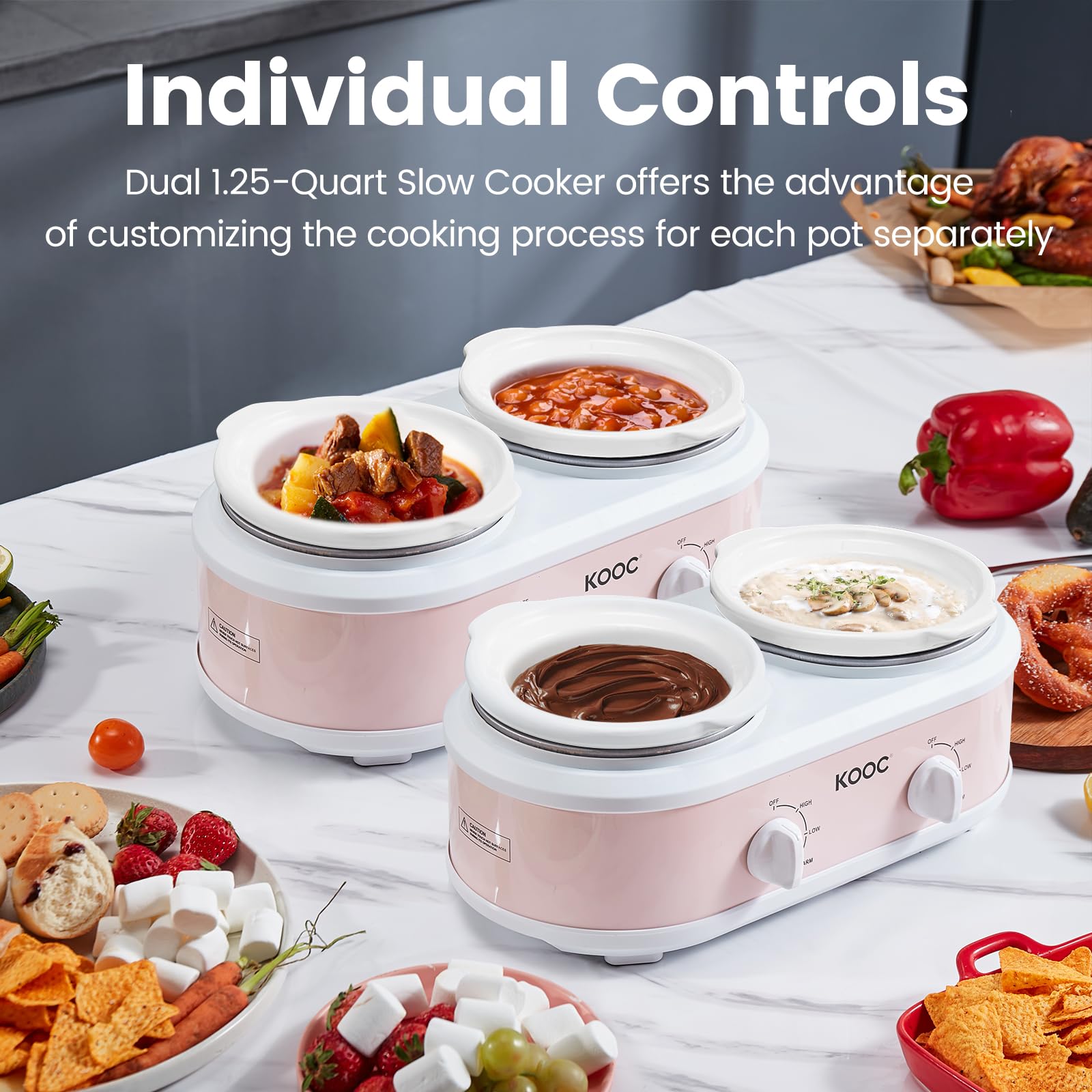 KOOC Double Small Slow Cooker, Buffet Server and Warmer, 2 Mini Pots with 3 Individual Adjustable Temp, Dual Ceramic Pots, Free Liners for Easy Clean-up, Stainless Steel, Total 2.5 Quart, Pink, Round