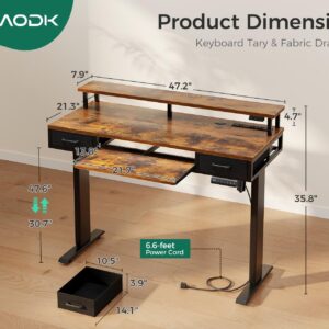 AODK Electric Standing Desk with Drawers & Keyboard Tray, 47 Inch Height Adjustable Small Gaming Desk with Power Outlets & LED Lights, Sit Stand Table with Monitor Stand for Home, Office, Rustic Brown