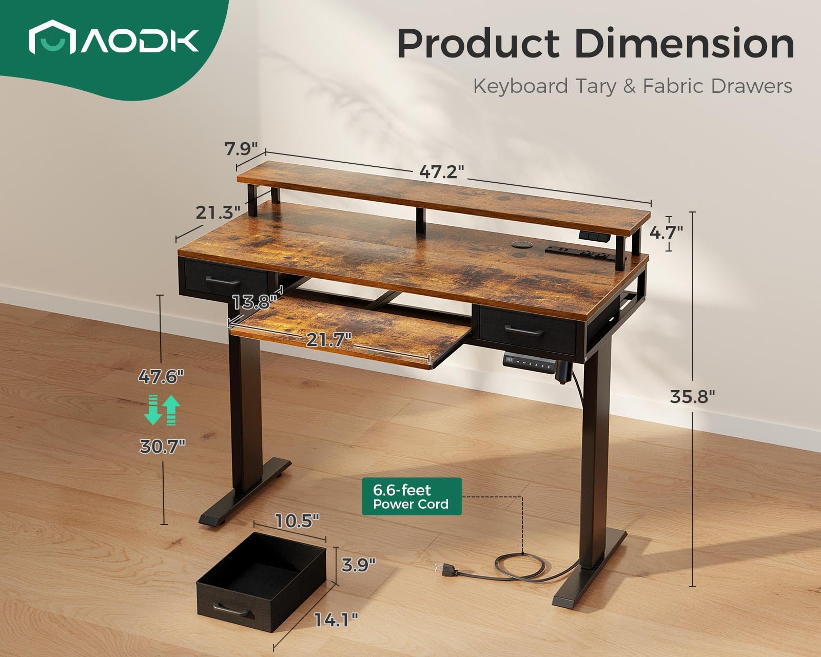 AODK Electric Standing Desk with Drawers & Keyboard Tray, 47 Inch Height Adjustable Small Gaming Desk with Power Outlets & LED Lights, Sit Stand Table with Monitor Stand for Home, Office, Rustic Brown