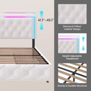 Queen Bed Frame with Adjustable LED Headboard White, Upholstered Metal Platform Bed Frame with 4 Under Bed Storage Drawers on Wheels and Charging Station, No Box Spring Needed, Easy Assembly