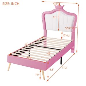 Twin Size Upholstered Princess Bed Frame with LED Lights and Crown Headboard,for Kids Boys Girls Teens Bedroom Use (White+Pink@LED//, Twin)