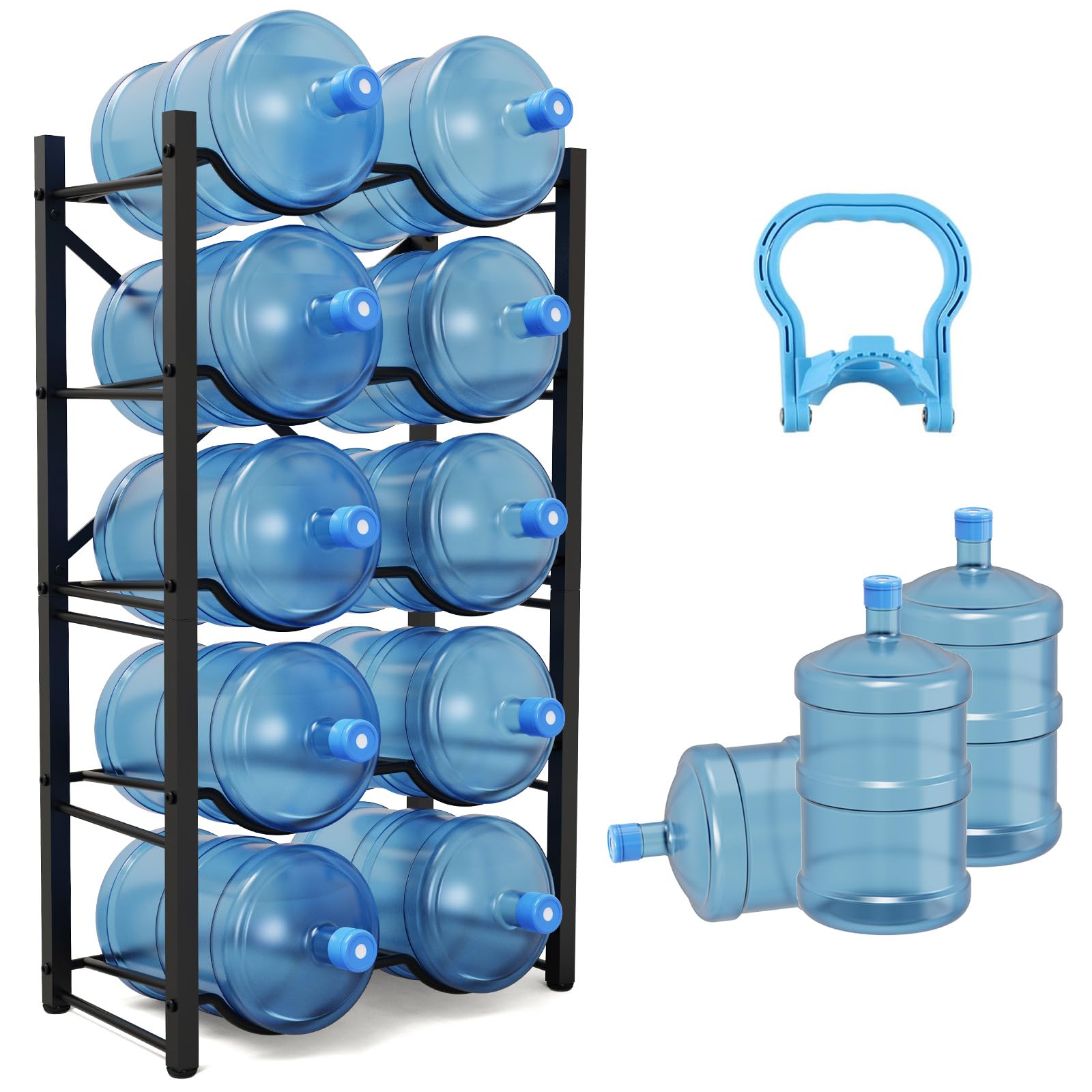 Semoprus 5 Gallon Water Bottle Holder for 10 Bottles, 5 Tiers Heavy-Duty Water Cooler Jug Rack with Reinforcement Frame for Home, Office, Restaurant