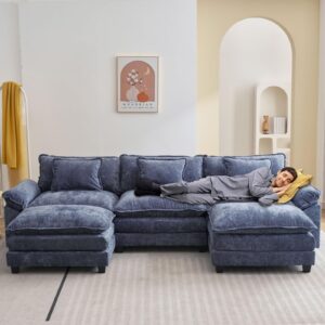 VUYUYU Sectional Sofa Comfy Cloud Couch for Living Room with Pillows, Modern Chenille Sofa Sleeper Deep Couches with Two Ottomans (Blue, 5-Seat)