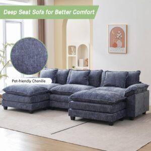 VUYUYU Sectional Sofa Comfy Cloud Couch for Living Room with Pillows, Modern Chenille Sofa Sleeper Deep Couches with Two Ottomans (Blue, 5-Seat)