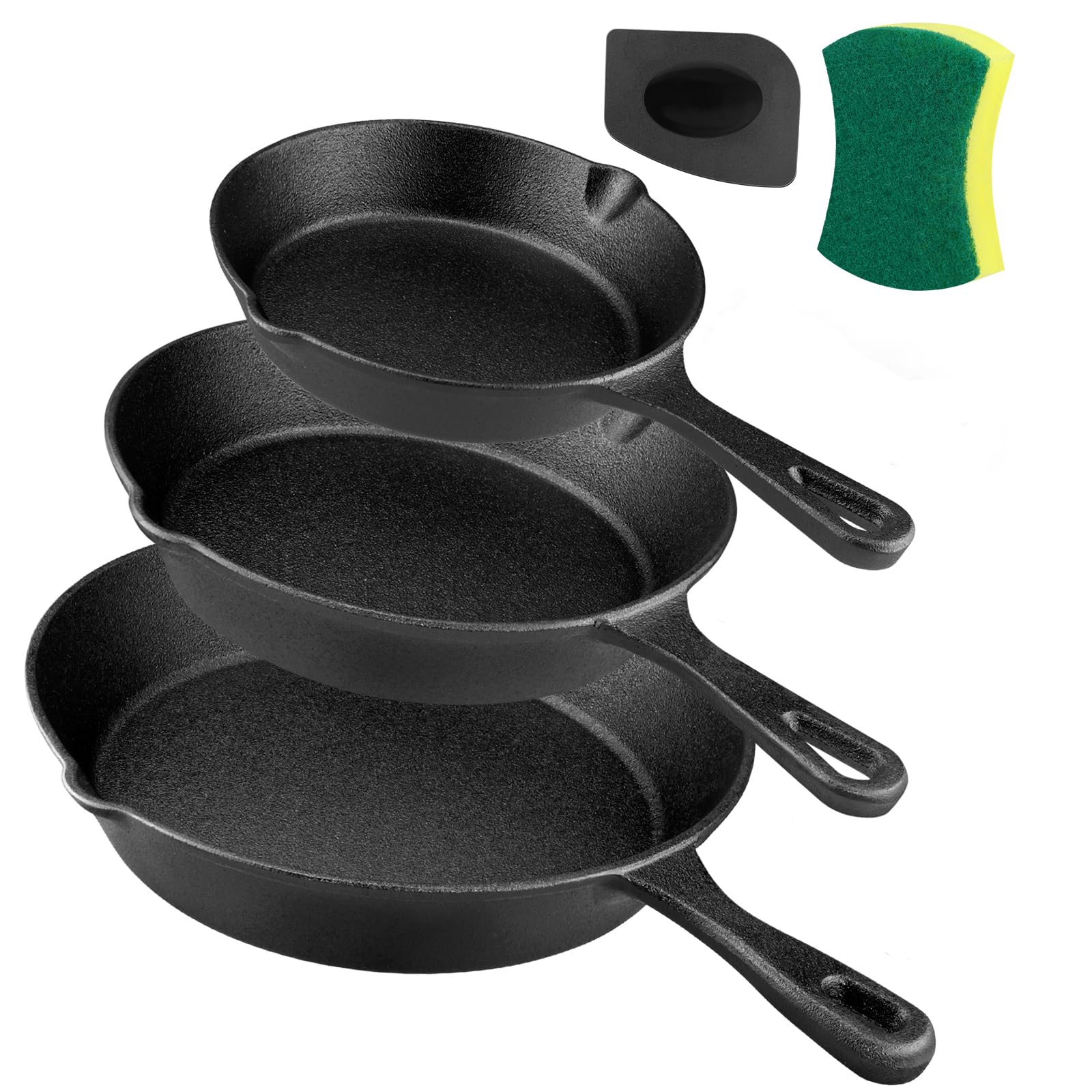 Goeszooin Cast Iron Skillet Set -3 Piece 6 inch, 8 inch and 10 inch Cast Iron Pan, Scraper+Dish Sponge - Oven Grill Stovetop Safe Cookware.