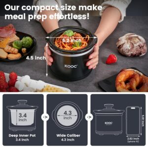 KOOC Small Slow Cooker, 0.65 Quart, Free Liners Included, Upgraded Ceramic Pot, Nutrient Loss Reduction, Sauces, Stews & Dips, Stainless Steel, Black, Round