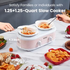 KOOC Double Small Slow Cooker, Buffet Server and Warmer, 2 Mini Pots with 3 Individual Adjustable Temp, Dual Ceramic Pots, Free Liners for Easy Clean-up, Stainless Steel, Total 2.5 Quart, Pink, Round