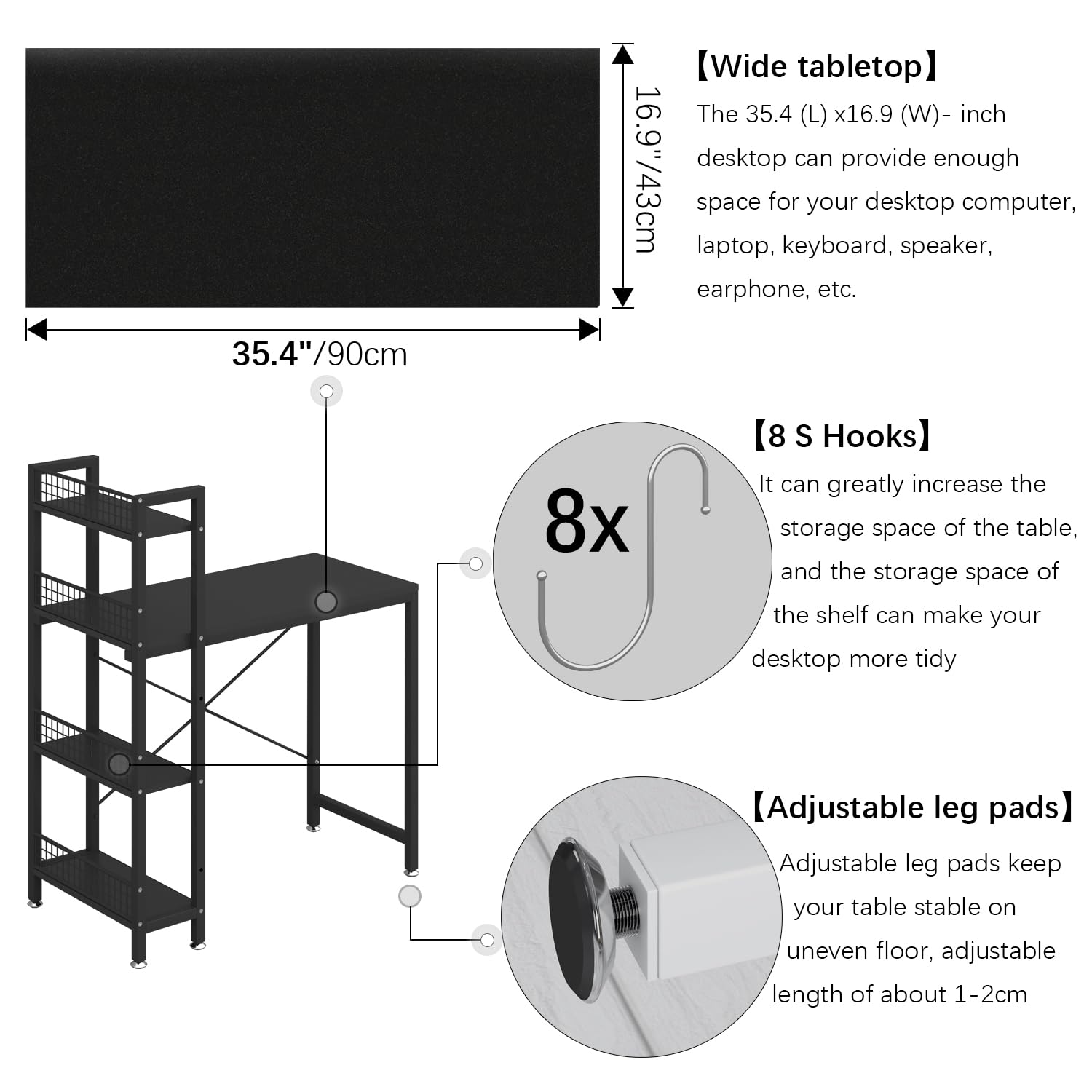 4NM 35" Small Computer Desk with 4-Tier Bookshelf and 8 Hooks, Home Office Desk Writing Workstation Study Table for Small Space Work - All Black