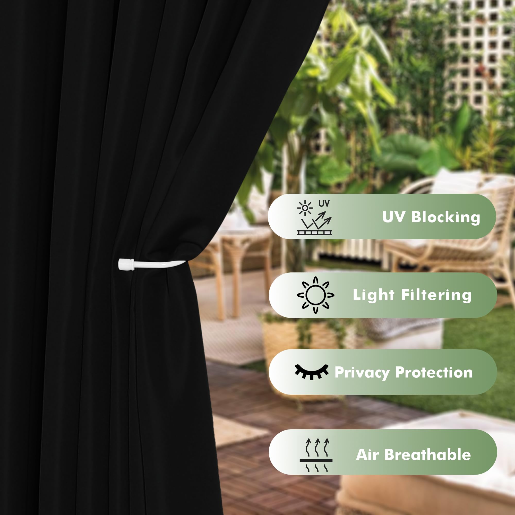 HolidayIdeas Waterproof Outdoor Curtains for Patio, 6 Panels - 54x120 Inches - Weatherproof Privacy Outsides Curtains for Backyard Porch Gazebo, Sunlight & UV Blocking (Black, Grommet Top)