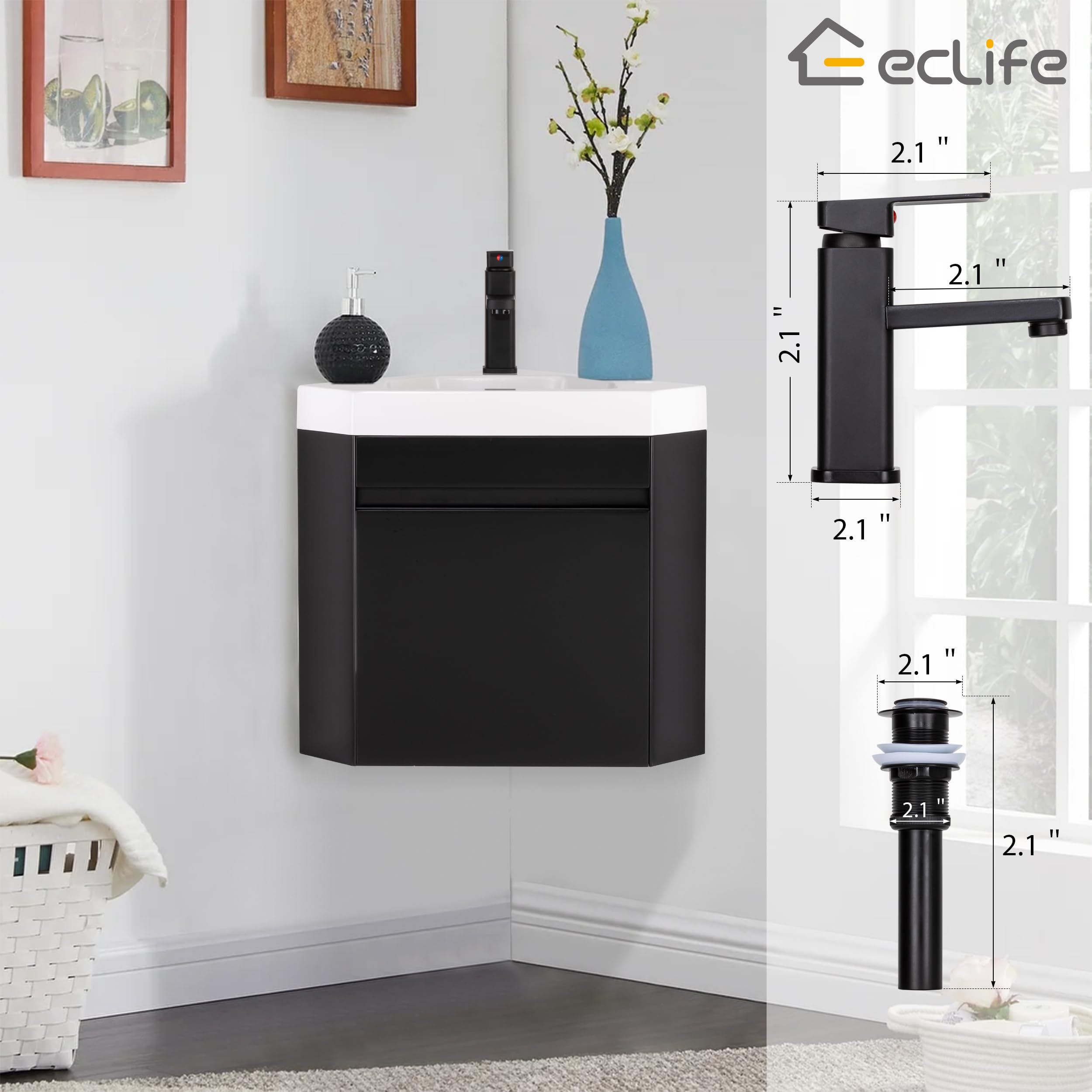 eclife 22" Corner Bathroom Vanity Sink Combo for Small Space Wall Mounted Floating Cabinet with White Resin Sink and Matte Black Faucet, Black