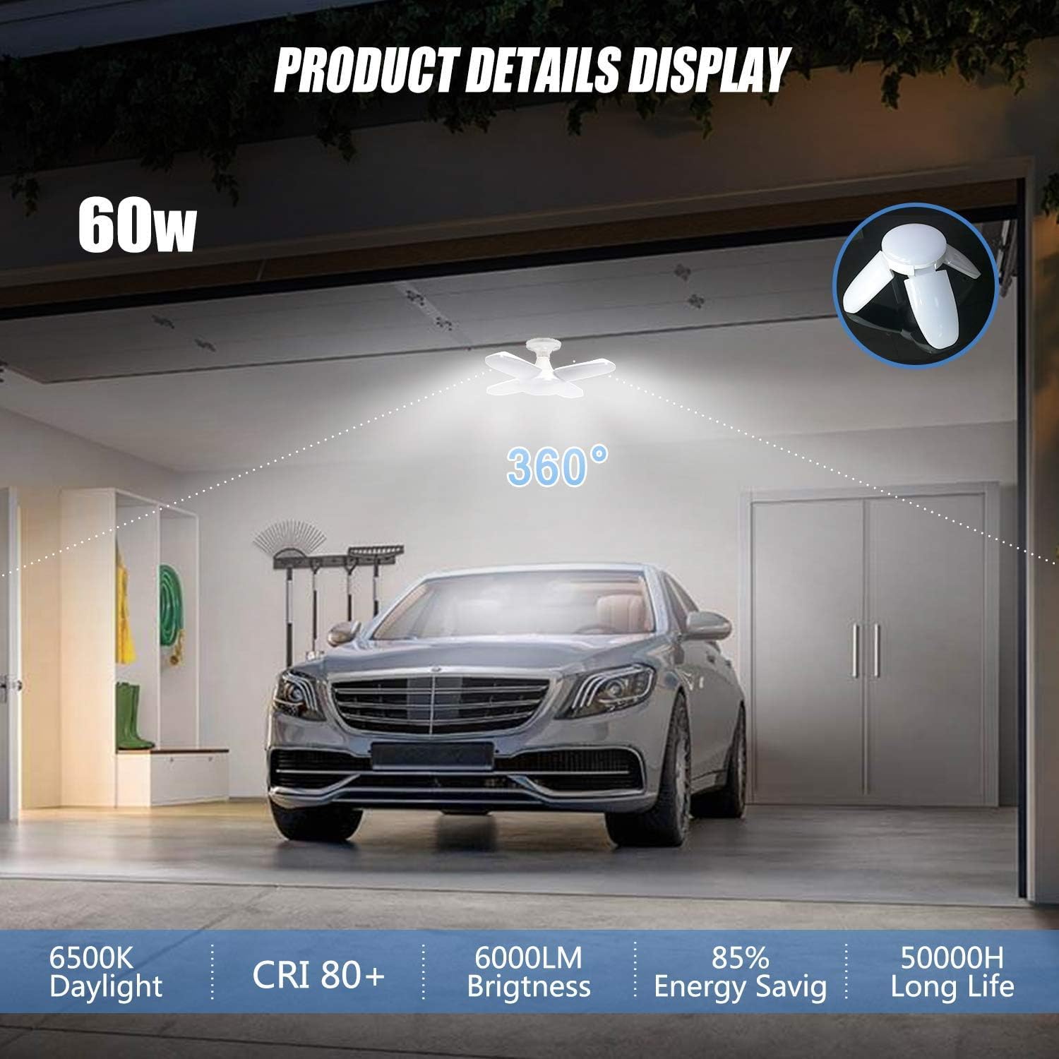 HCDIM Garage Light 60W Tribright LED Garage Lights 6000LM E26 Deformable Garage Lights 6500K LED Triple Glow LED Light Trilight Flexled Garage Ceiling Lights Shop Lights for Garage, Workshop