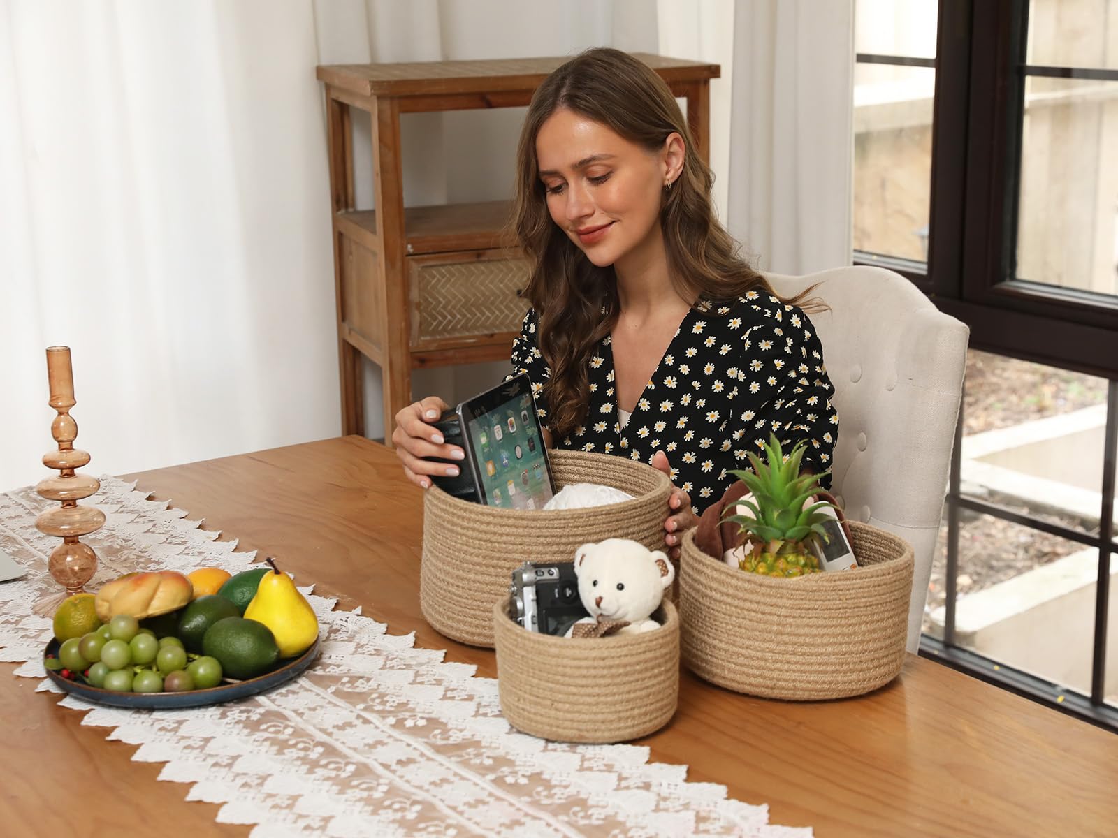 Cottonphant Set of 3 Stylish Round Woven Baskets with Lids - Elegant Storage Solution for Home Decor and Organization - Compact Shelf Baskets (Jute, 10"x6"-8"x5"-6"x4")