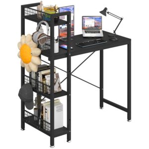 4nm 35" small computer desk with 4-tier bookshelf and 8 hooks, home office desk writing workstation study table for small space work - all black