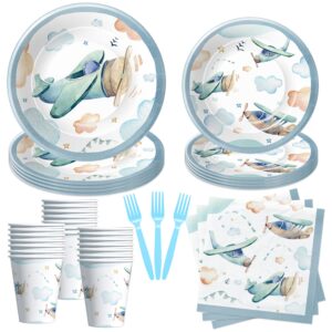 hipvvild airplane birthday plates and napkins party supplies - airplane party decorations tableware, paper plate, cup, napkin, fork, airplanes birthday baby shower decorations dinnerware | serve 24