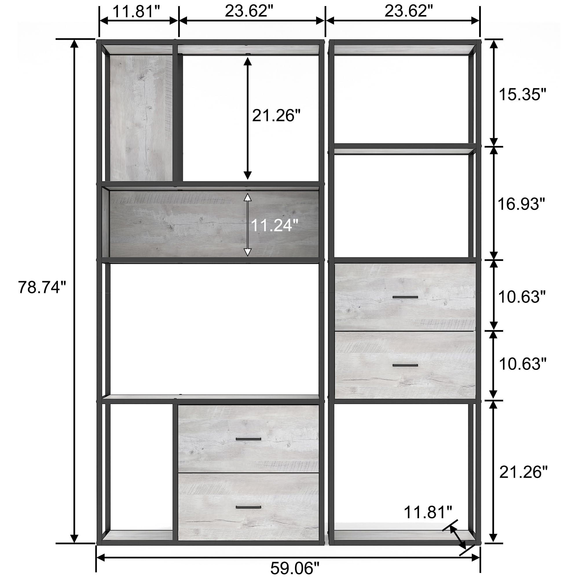 NAIYUFA Bookshelf with Drawers,Rustic Industrial Tall Bookshelf,Vintage Book Shelves Display Shelf for Home Office,Living Room (A+B)