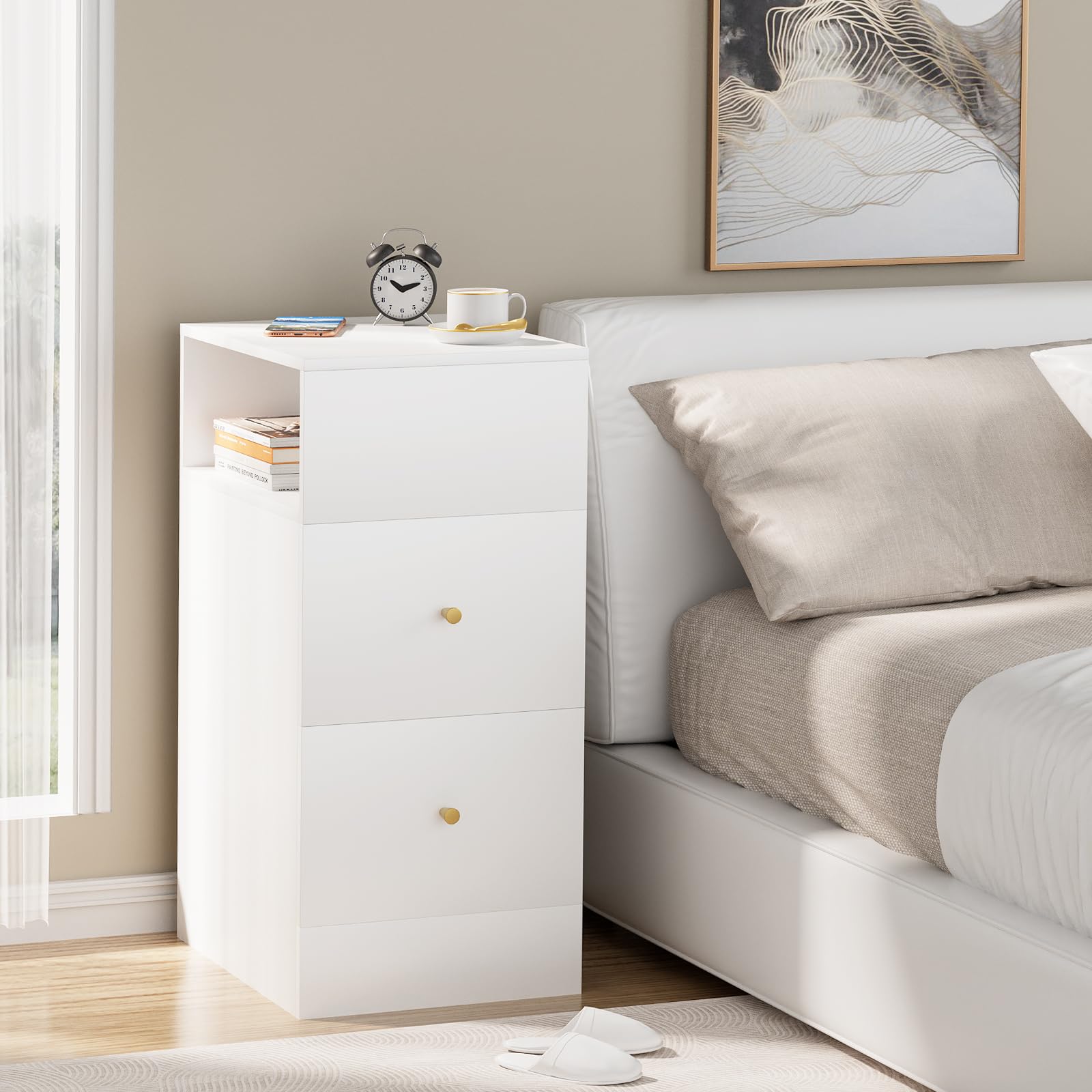 Aenuert White Nightstand with Two Drawers,Chest of Drawers for Bedroom with Side Opening Storage Rack,3 Tiers Modern Night Table for Bedroom Storage Furniture (Right Angle)