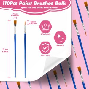 Small Paint Brushes Bulk, 110 Pcs Flat Tip Round Acrylic Paint Brushes for Kids Classroom Acrylic Watercolor Canvas Face Painting Touch Up