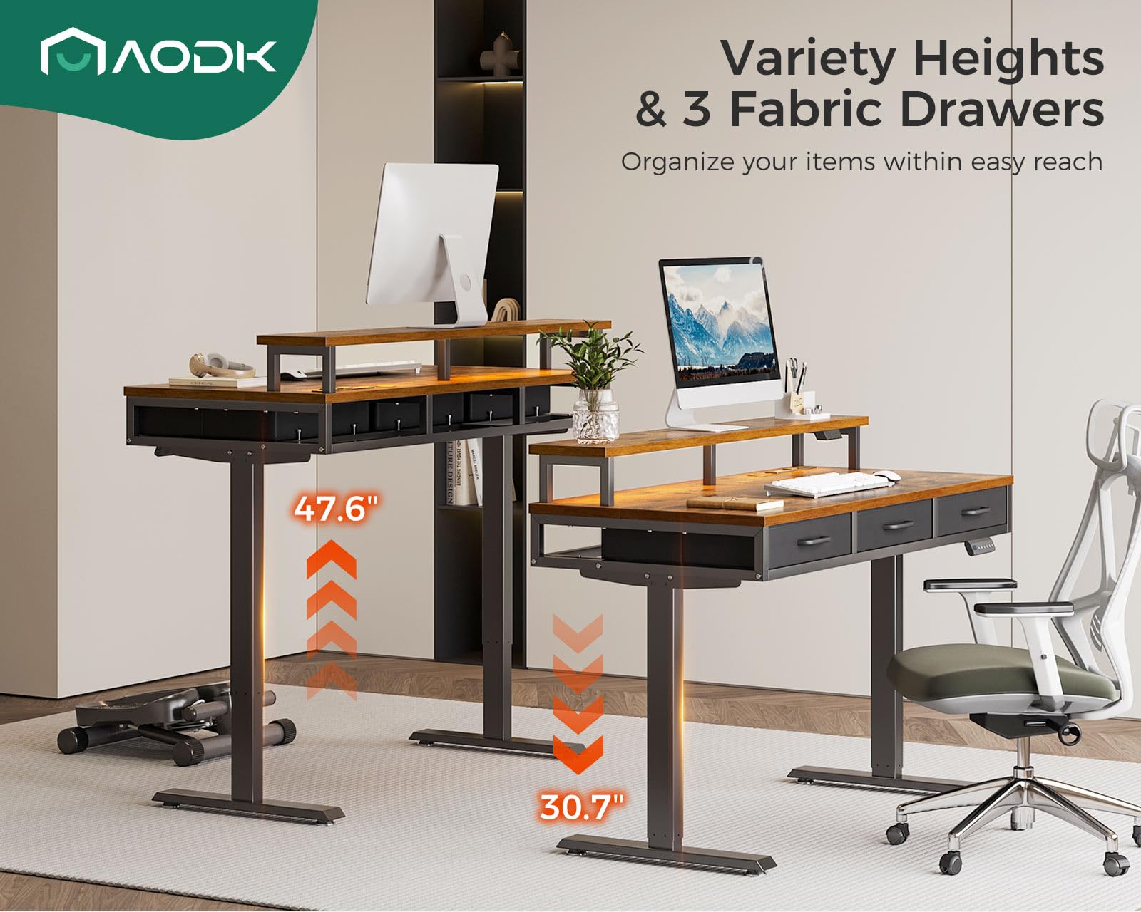 AODK Electric Standing Desk with Drawers, 55 Inch Height Adjustable Gaming Desk with Power Outlets & LED Lights, Sit Stand Table with Monitor Stand for Home, Office, Workstation, Rustic Brown