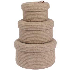 Cottonphant Set of 3 Stylish Round Woven Baskets with Lids - Elegant Storage Solution for Home Decor and Organization - Compact Shelf Baskets (Jute, 10"x6"-8"x5"-6"x4")