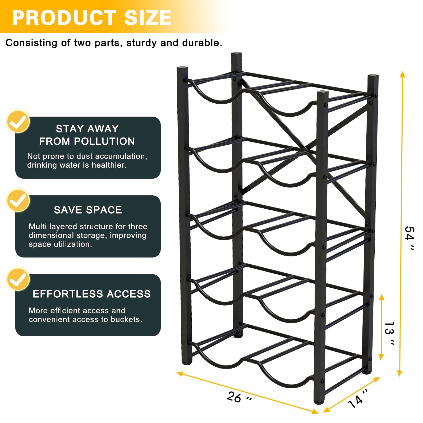 Semoprus 5 Gallon Water Bottle Holder for 10 Bottles, 5 Tiers Heavy-Duty Water Cooler Jug Rack with Reinforcement Frame for Home, Office, Restaurant