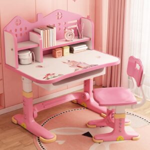 tulkdexi kids functional desk and chair set, study desk for children with chair, kids desk and chair set,height adjustable children school study desk with storage drawer for boys girls(pink) pink