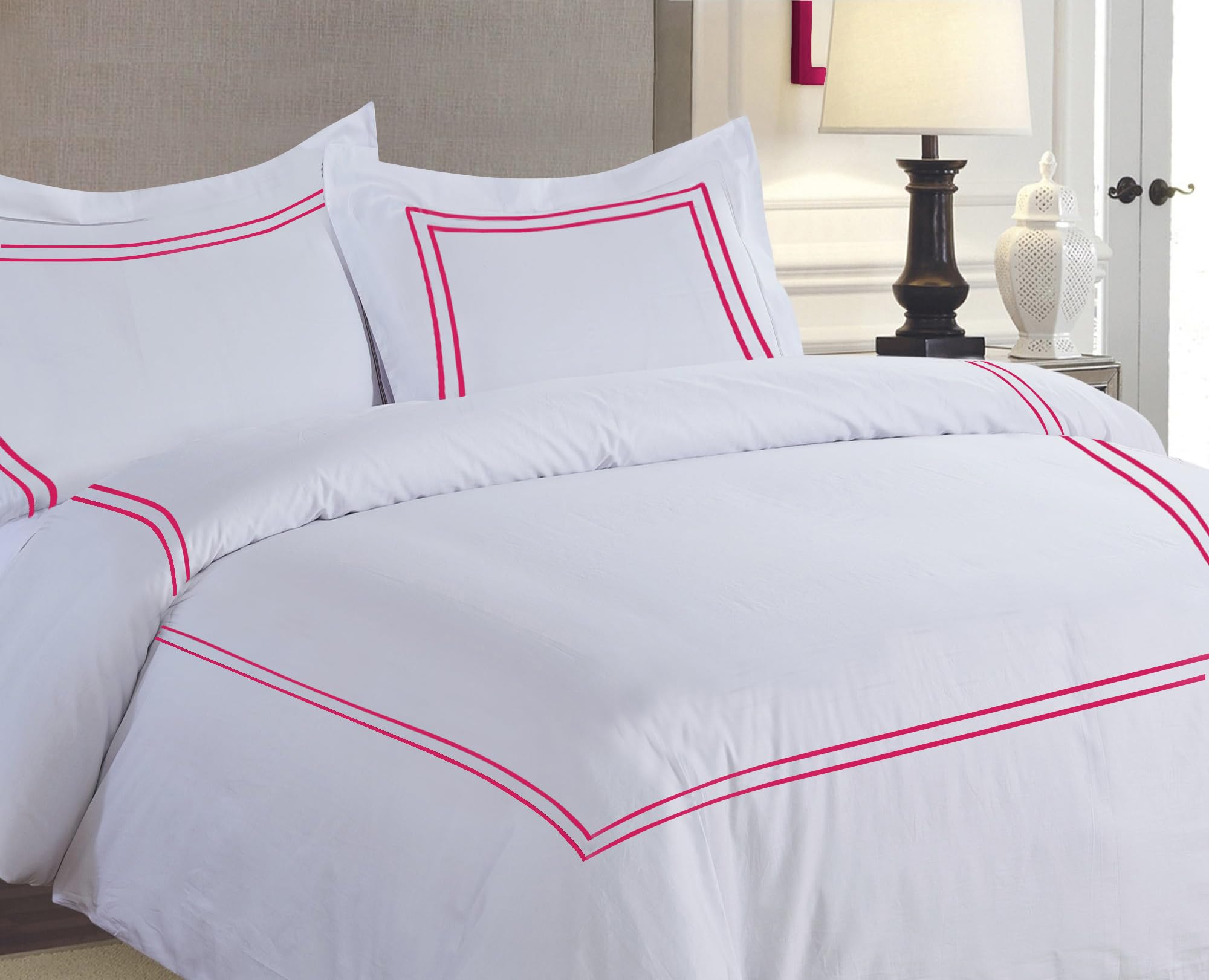 BedDecor Luxury 400-TC Egyptian Cotton 3PC Embroidered Duvet Cover Set with Beautiful 2-Stripe Embroidery(Hot Pink, Full/Queen)