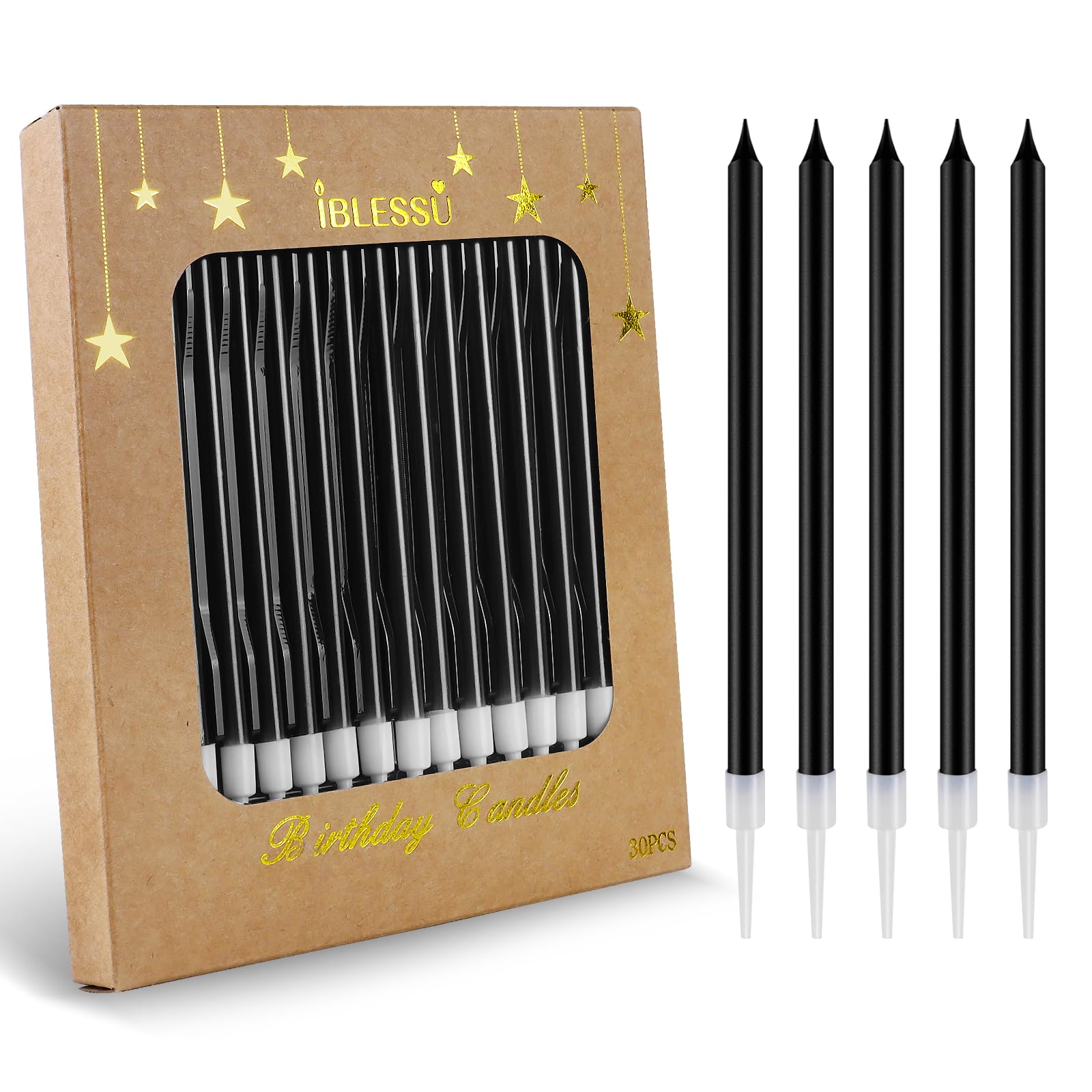 IBLESSU 30 Pcs Long Birthday Candles - Birthday Candles, Cake Candles, Tall Birthday Candles, Party Candles, Cake Candles for Birthday Wedding Black Candles (Black)