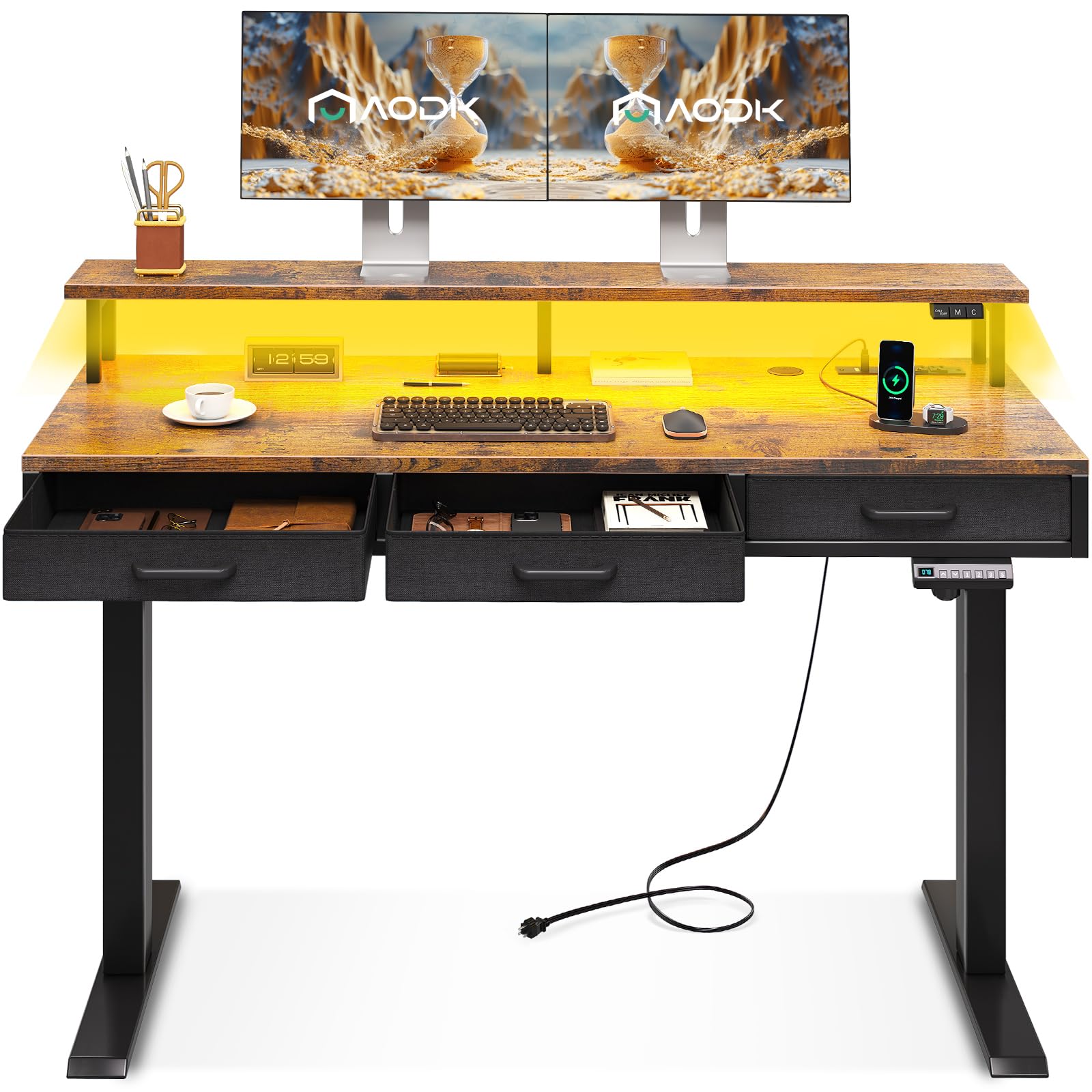 AODK Electric Standing Desk with Drawers, 55 Inch Height Adjustable Gaming Desk with Power Outlets & LED Lights, Sit Stand Table with Monitor Stand for Home, Office, Workstation, Rustic Brown